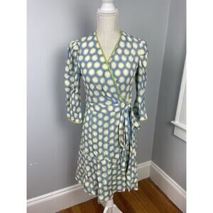 Diane von Furstenberg Dress Size 2 Blue Yellow 3/4th Sleeve Charlene Mini Wrap